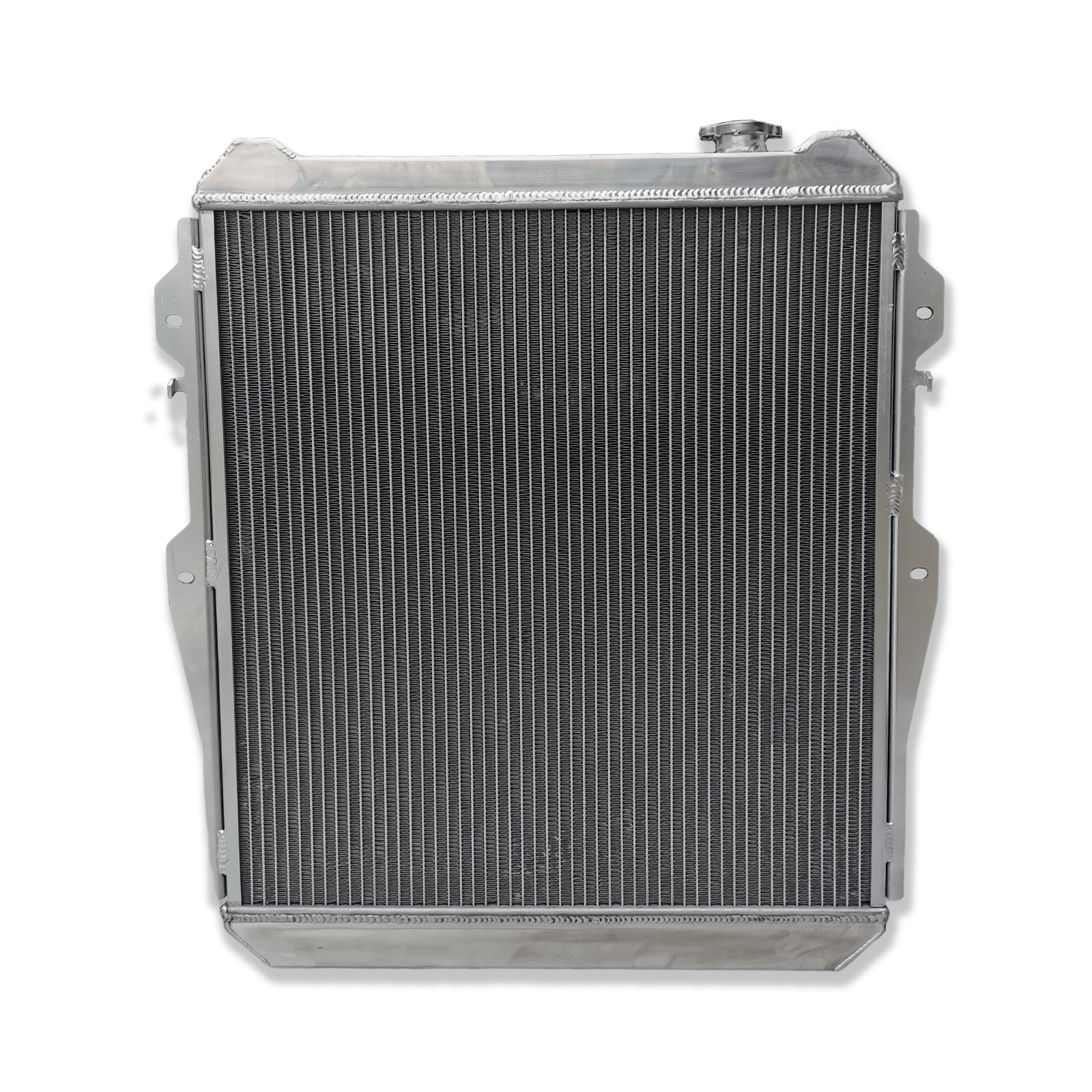 Rear view of the 3-row aluminum radiator for the Toyota 4Runner KZN130, showing the integrated automatic transmission cooler ports for AT/MT.