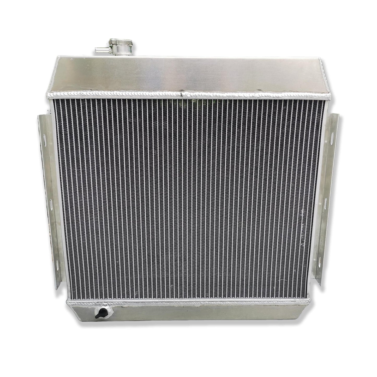 Rear view of the 3-row aluminum radiator for a 55-57 Chevy V8, showing the integrated automatic transmission cooler ports for universal AT/MT fit.