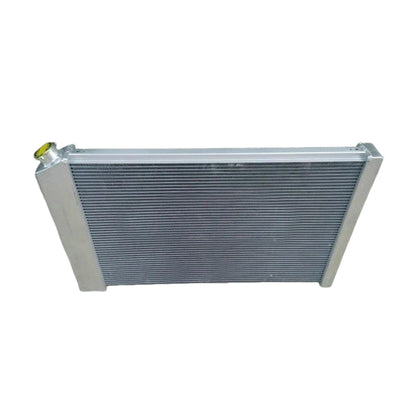 Rear view of the 3-row aluminum radiator for a 73-86 Chevy C10, showing the integrated automatic transmission cooler ports for AT/MT use.