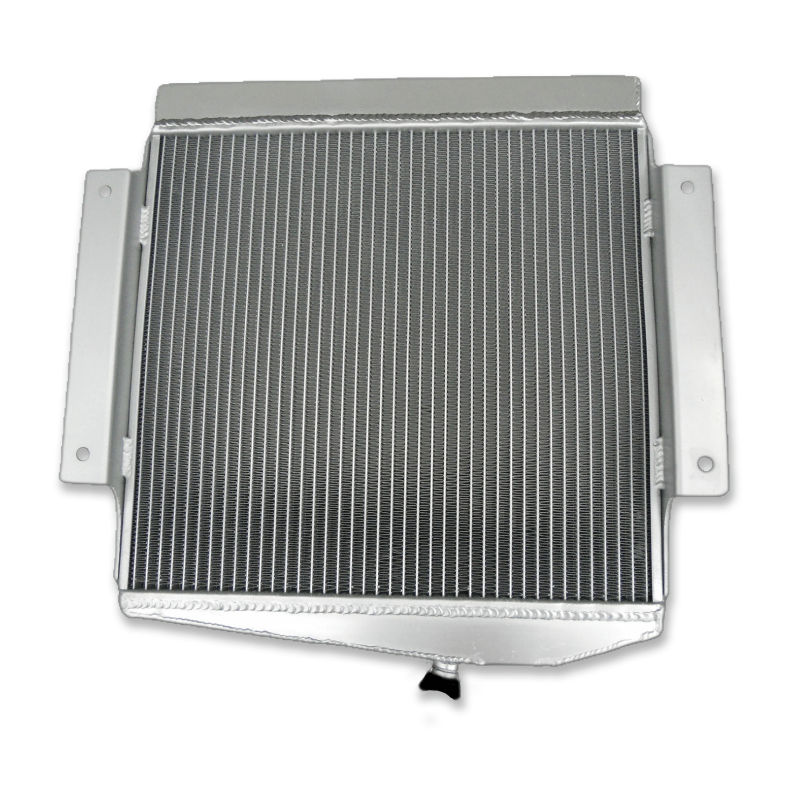 Rear view of the 3-row aluminum radiator for the Datsun Fairlady 2000, showing the direct-fit mounting points for an easy installation.