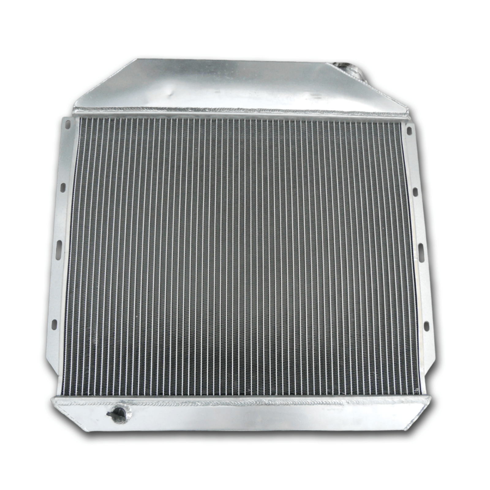 Rear view of the 3-row aluminum radiator for classic International Harvester trucks, showing the integrated automatic transmission cooler ports.