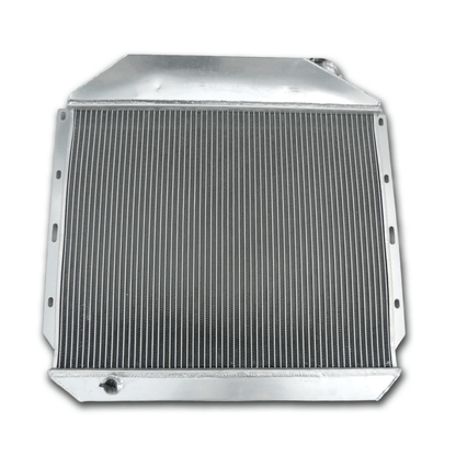 Rear view of the 3-row aluminum radiator for classic International Harvester trucks, showing the integrated automatic transmission cooler ports.