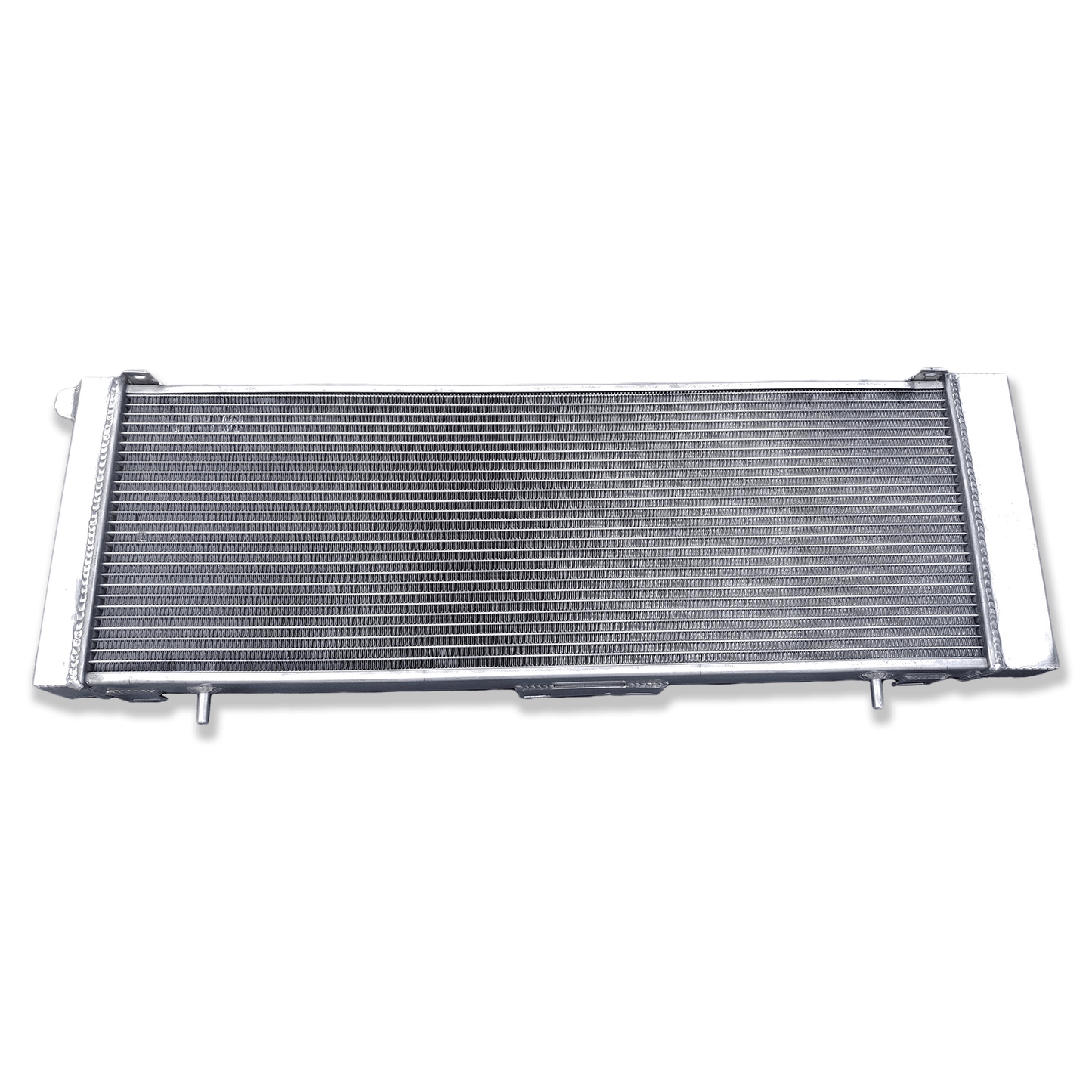 Rear view of the 3-row aluminum radiator for the Jeep Cherokee XJ, showing the integrated automatic transmission cooler ports for AT/MT compatibility.