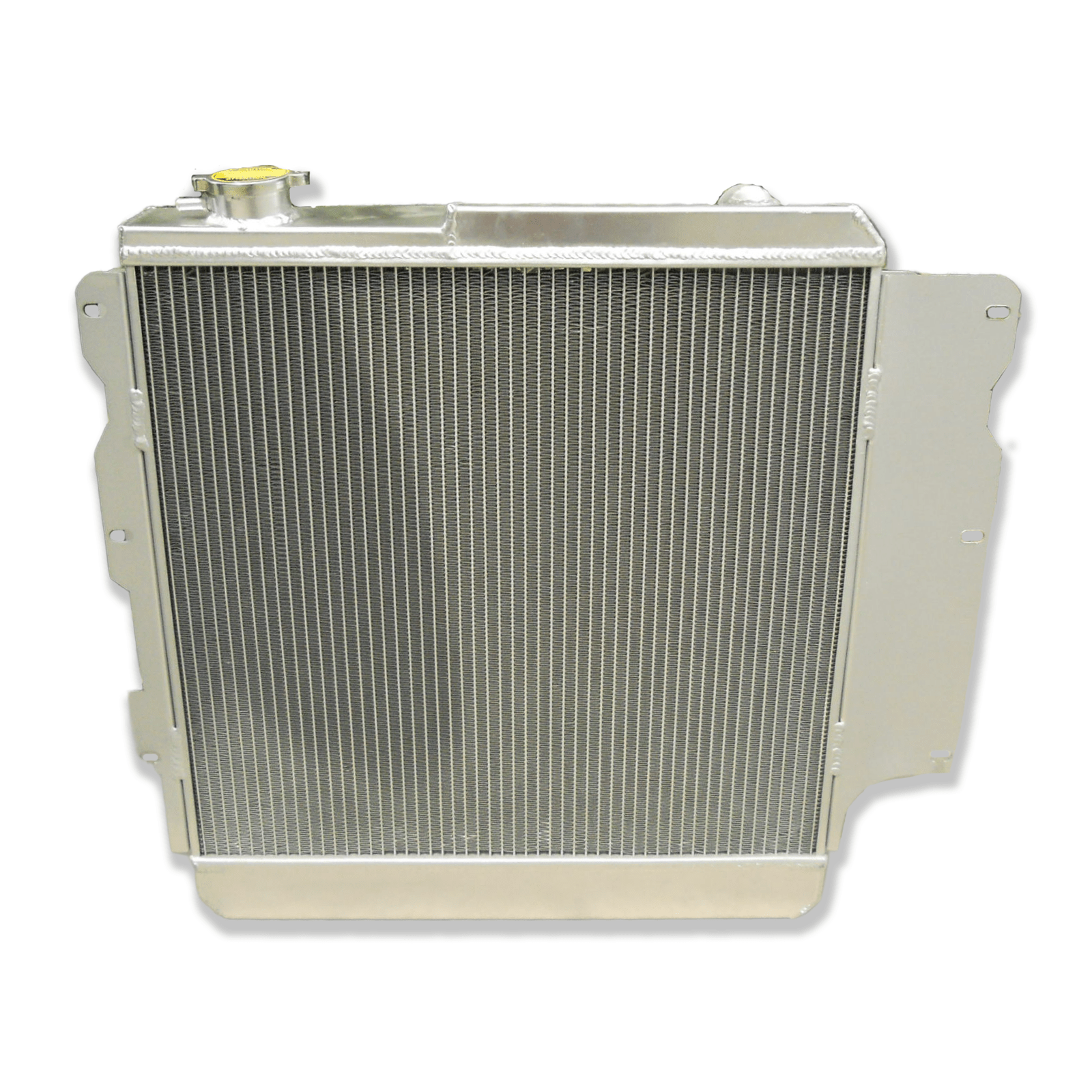 Rear view of the aluminum radiator for a Jeep Wrangler V8 conversion, showing the integrated automatic transmission cooler ports for AT/MT use.