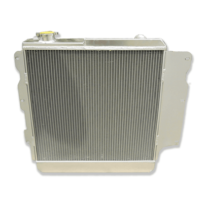 Rear view of the aluminum radiator for a Jeep Wrangler V8 conversion, showing the integrated automatic transmission cooler ports for AT/MT use.