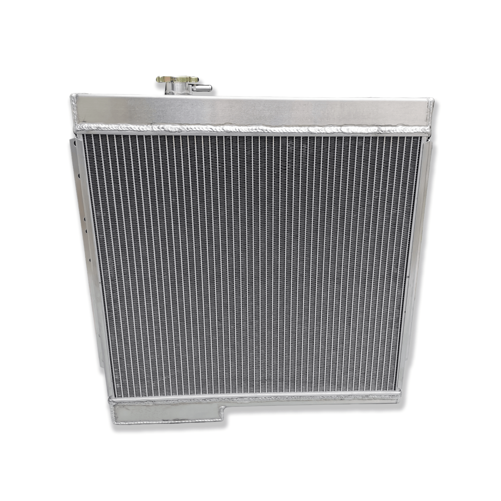 Rear view of the 3-row aluminum radiator for the Land Cruiser FJ40 series, showing the robust mounting points for a direct fit with the 2F engine.