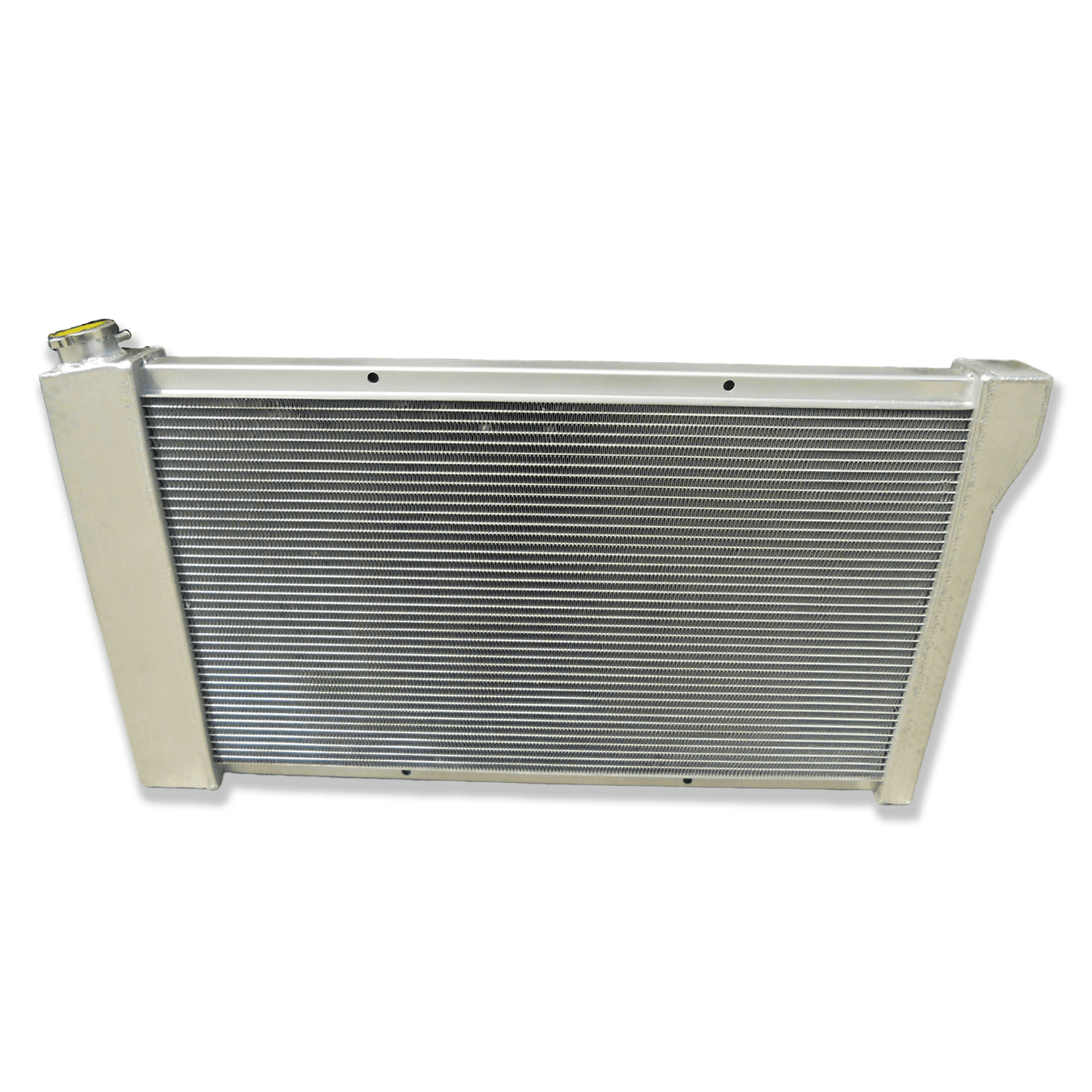 Rear view of the aluminum radiator for a 67-72 Chevy C10, showing the integrated automatic transmission cooler ports for universal AT/MT fit.
