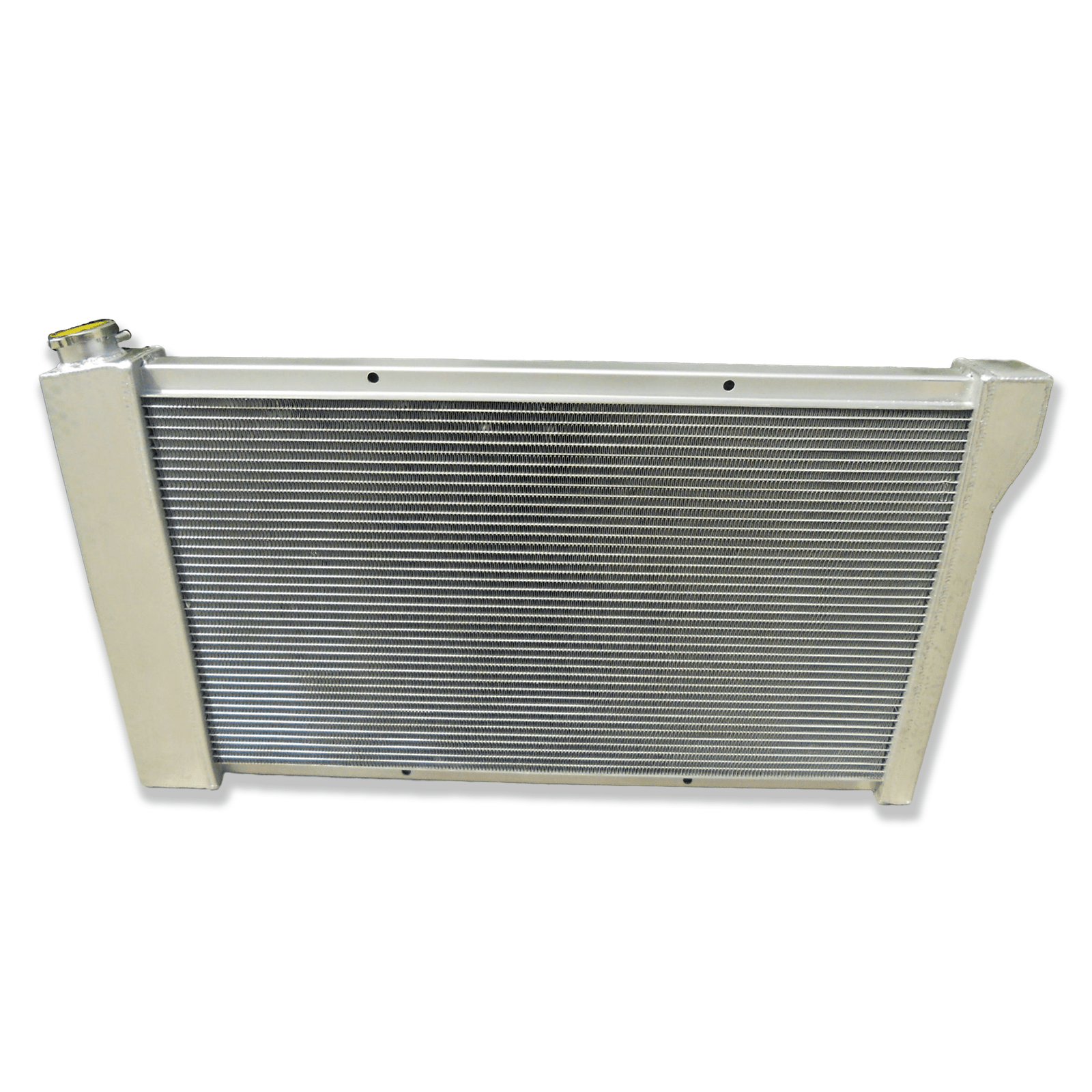 Rear view of the aluminum radiator for a 67-72 Chevy C10, showing the integrated automatic transmission cooler ports for universal AT/MT fit.
