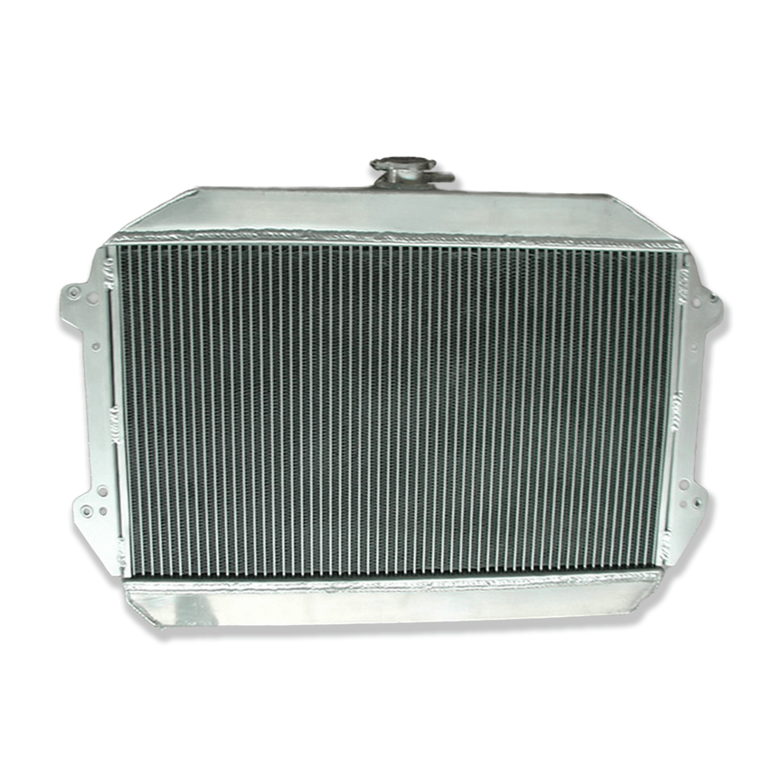 Rear view of the aluminum radiator for the Datsun 240Z/260Z, showing the integrated automatic transmission cooler ports for universal AT/MT fitment.