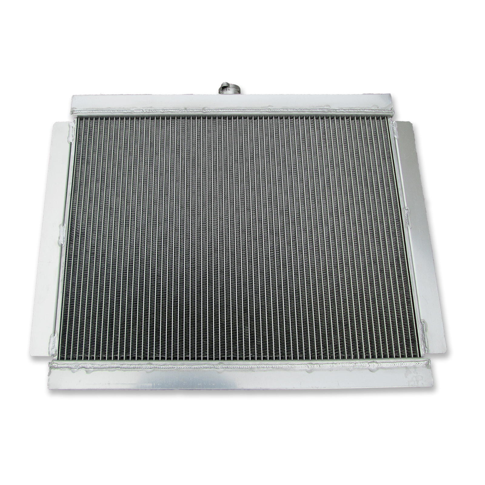 Rear view of the aluminum radiator for the Datsun 280Z and 280ZX Fairlady Z, detailing the mounting points and hose connections for a direct-fit MT installation.