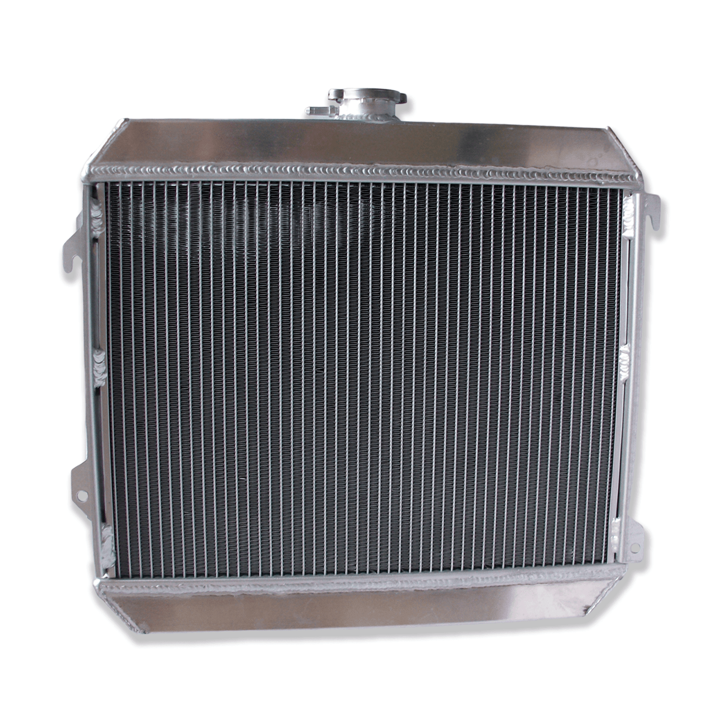 Rear view of the aluminum radiator for classic Datsun cars and trucks with an L20B swap, showing direct-fit MT mounting points.