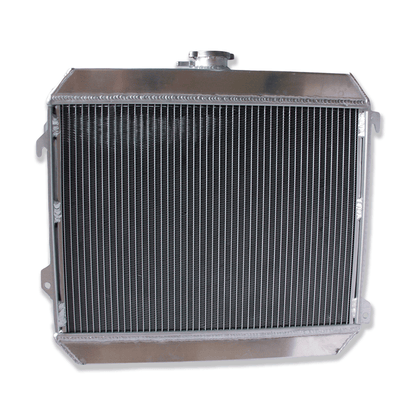 Rear view of the aluminum radiator for classic Datsun cars and trucks with an L20B swap, showing direct-fit MT mounting points.