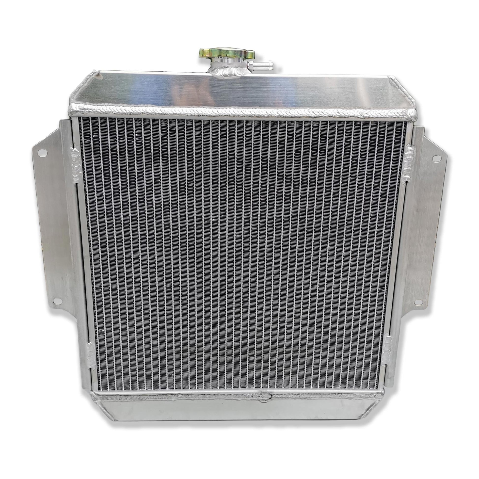 Rear view of the complete aluminum radiator kit for the Suzuki Samurai SJ413, showing the fan and shroud assembly.