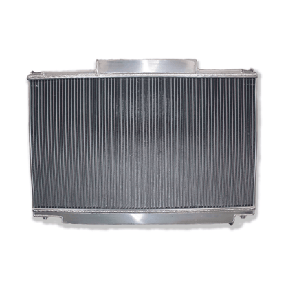 Rear view of the aluminum radiator for the Lexus SC400, showing the integrated automatic transmission cooler ports for a direct AT fit.
