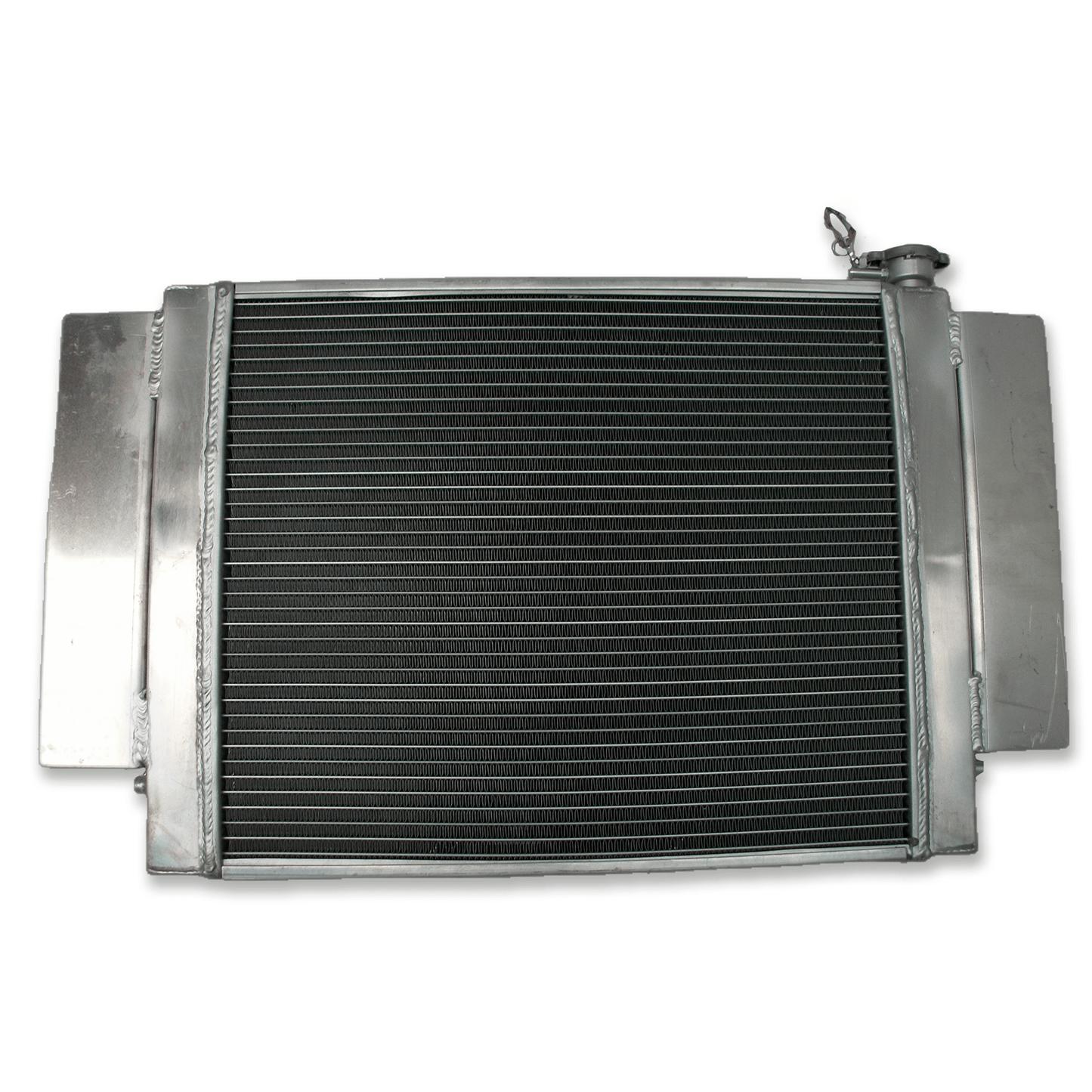 Rear view of the Mazda RX-series S1/S2 aluminum radiator, showing the clean design without a heater pipe connection, intended for simplified, performance-focused engine bays.