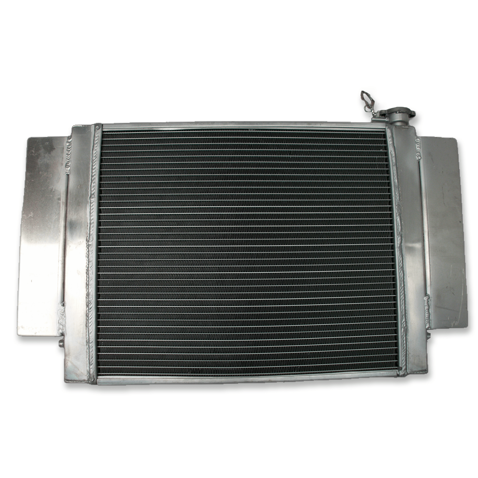 Rear view of the Mazda RX-series S1/S2 aluminum radiator, showing the clean design without a heater pipe connection, intended for simplified, performance-focused engine bays.