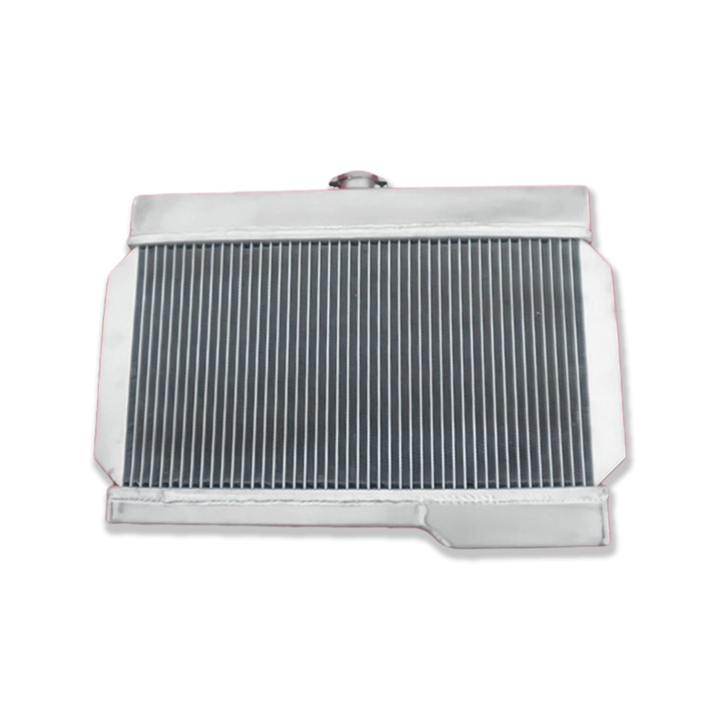 Rear view of the aluminum radiator for the classic MG MGB/GT, showing the correct mounting points for a direct-fit MT installation.
