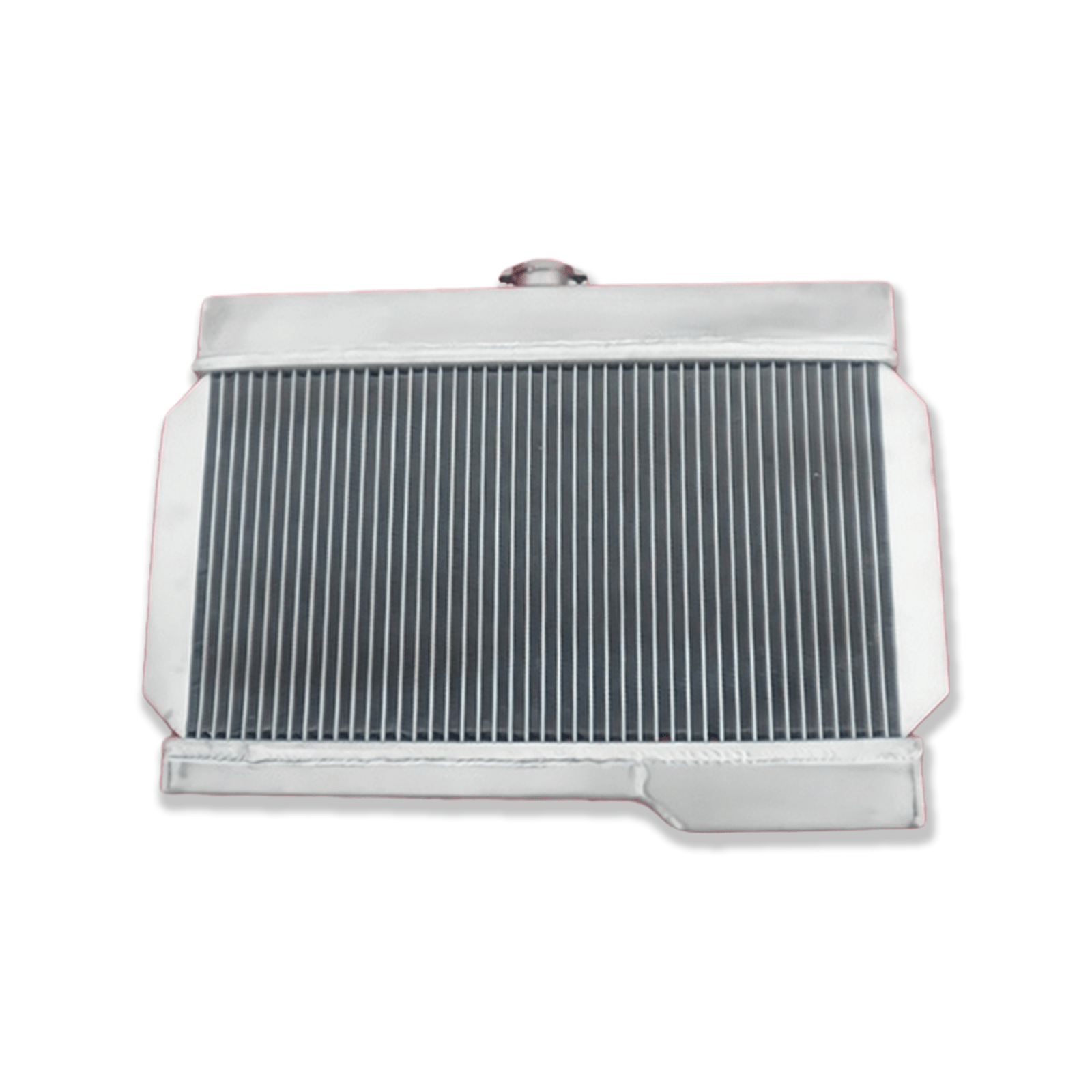 Rear view of the aluminum radiator for the classic MG MGB/GT, showing the correct mounting points for a direct-fit MT installation.