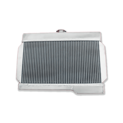 Rear view of the aluminum radiator for the classic MG MGB/GT, showing the correct mounting points for a direct-fit MT installation.