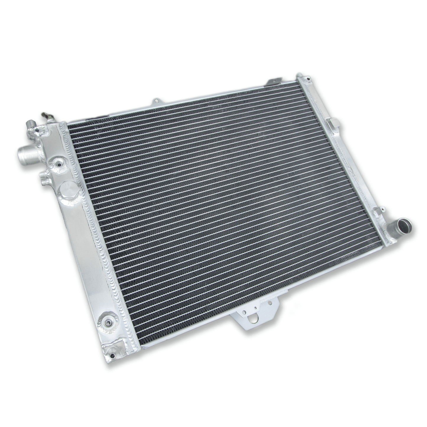 Rear view of the aluminum radiator for the SAAB 9000, showing the mounting points and integrated ports for both automatic and manual transmissions.