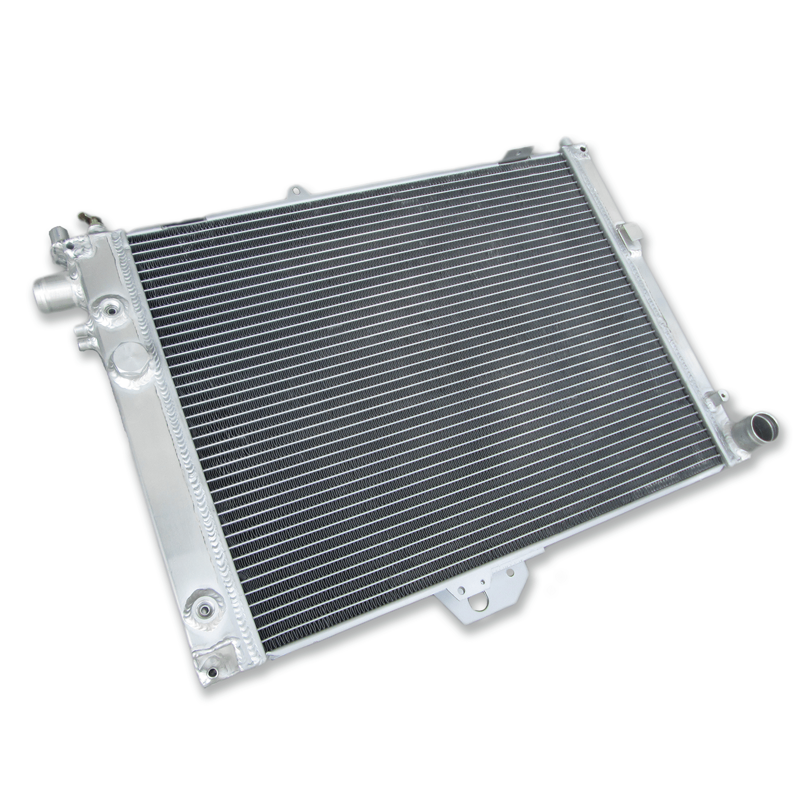 Rear view of the aluminum radiator for the SAAB 9000, showing the mounting points and integrated ports for both automatic and manual transmissions.