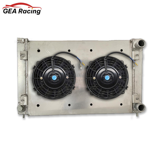 Rear view of the aluminum radiator for VW MK2 platform cars, showing the direct-fit mounting points for manual transmission models.
