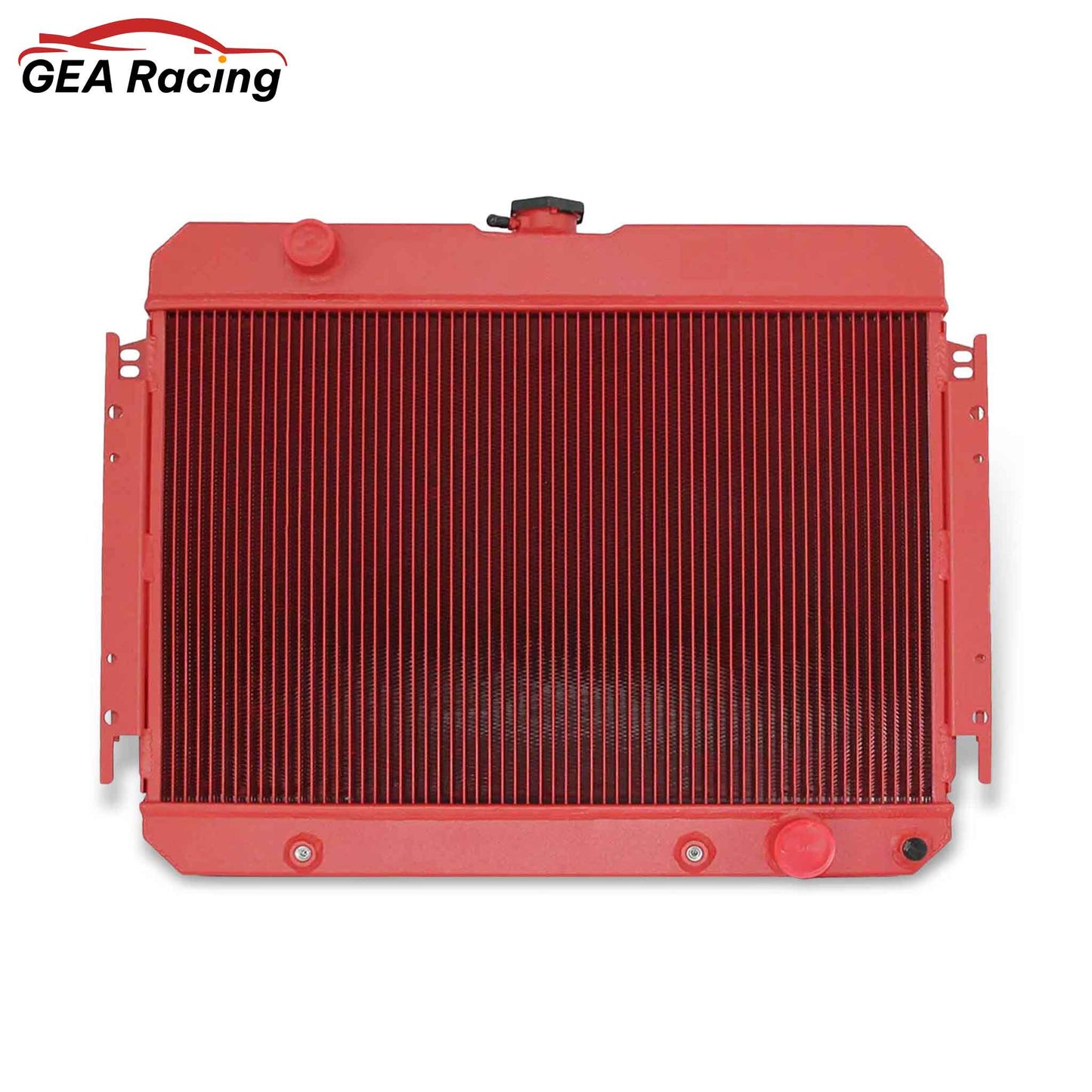 Front view of the vibrant 3-Row Red Aluminum Radiator for 1963-1968 Chevrolet Impala, Chevelle, Bel Air, and Caprice models (AT/MT).