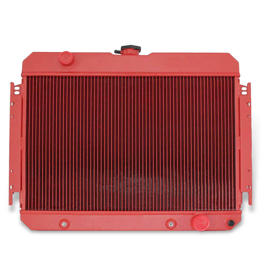 Front view of the vibrant 3-Row Red Aluminum Radiator for 1963-1968 Chevrolet Impala, Chevelle, Bel Air, and Caprice models (AT/MT).