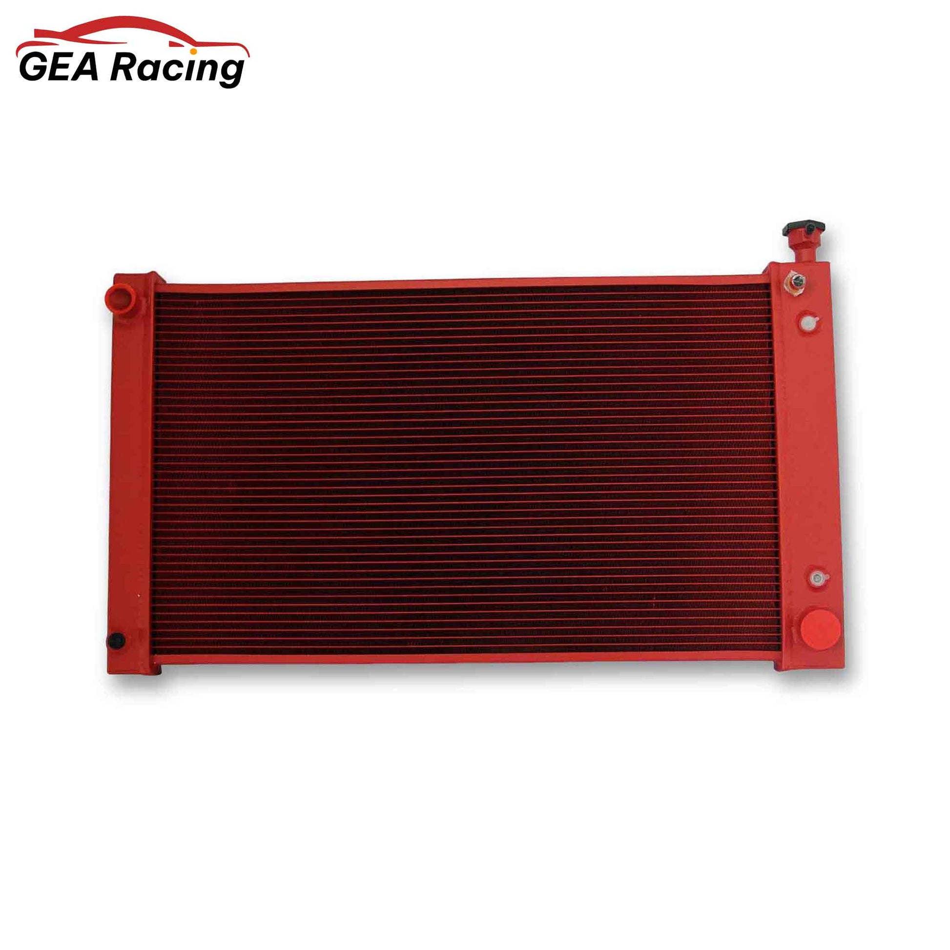 Front view of the vibrant Red Aluminum Radiator for 1988-1998 Chevrolet GMC C/K/R/V Series and Suburban with 4.3L engines.