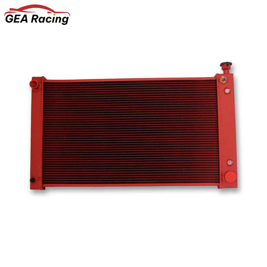 Front view of the vibrant Red Aluminum Radiator for 1988-1998 Chevrolet GMC C/K/R/V Series and Suburban with 4.3L engines.