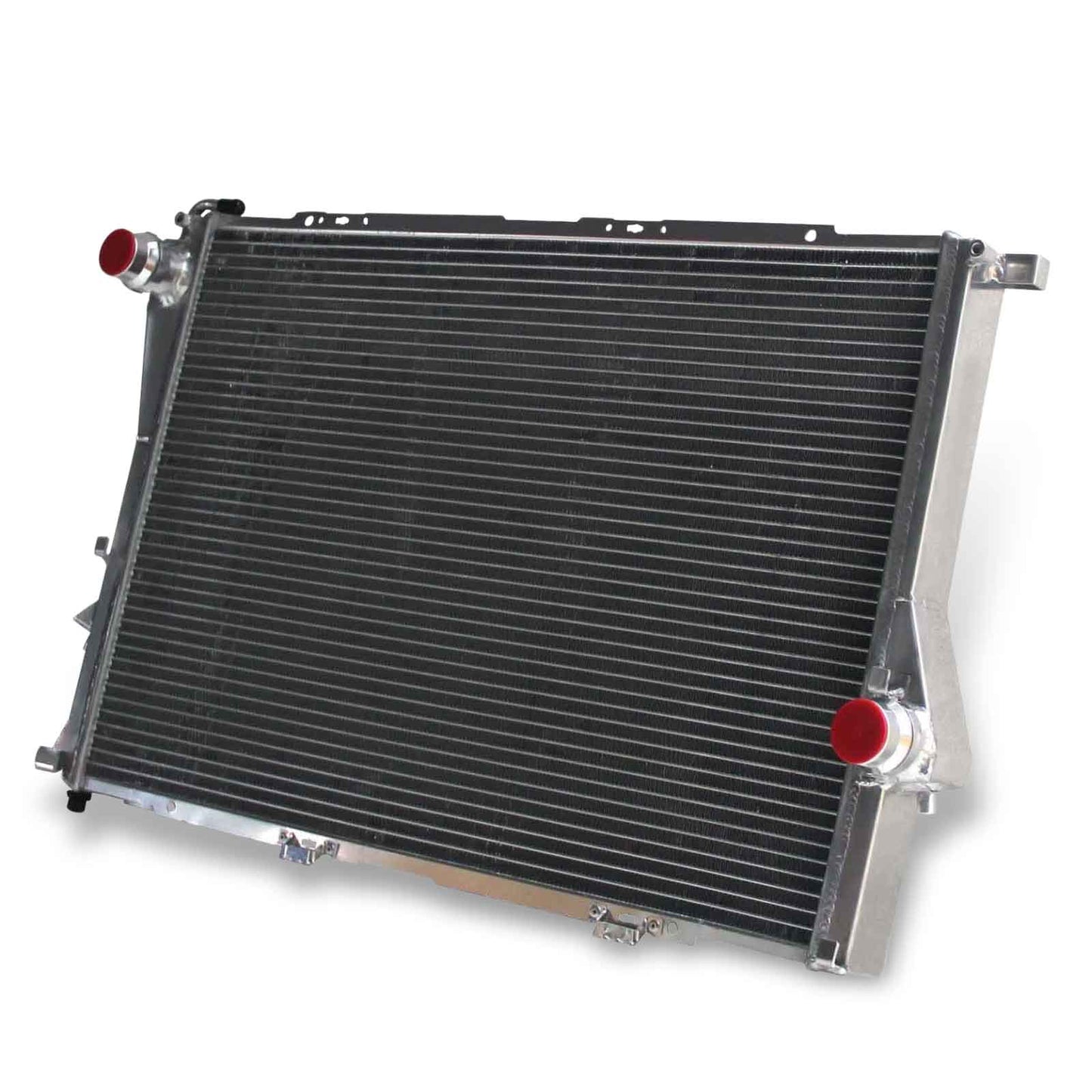 Right side view displaying the inlet, outlet, and sensor ports on the 2-row aluminum radiator for a BMW E39 525i, 530i L6 and V8 models.