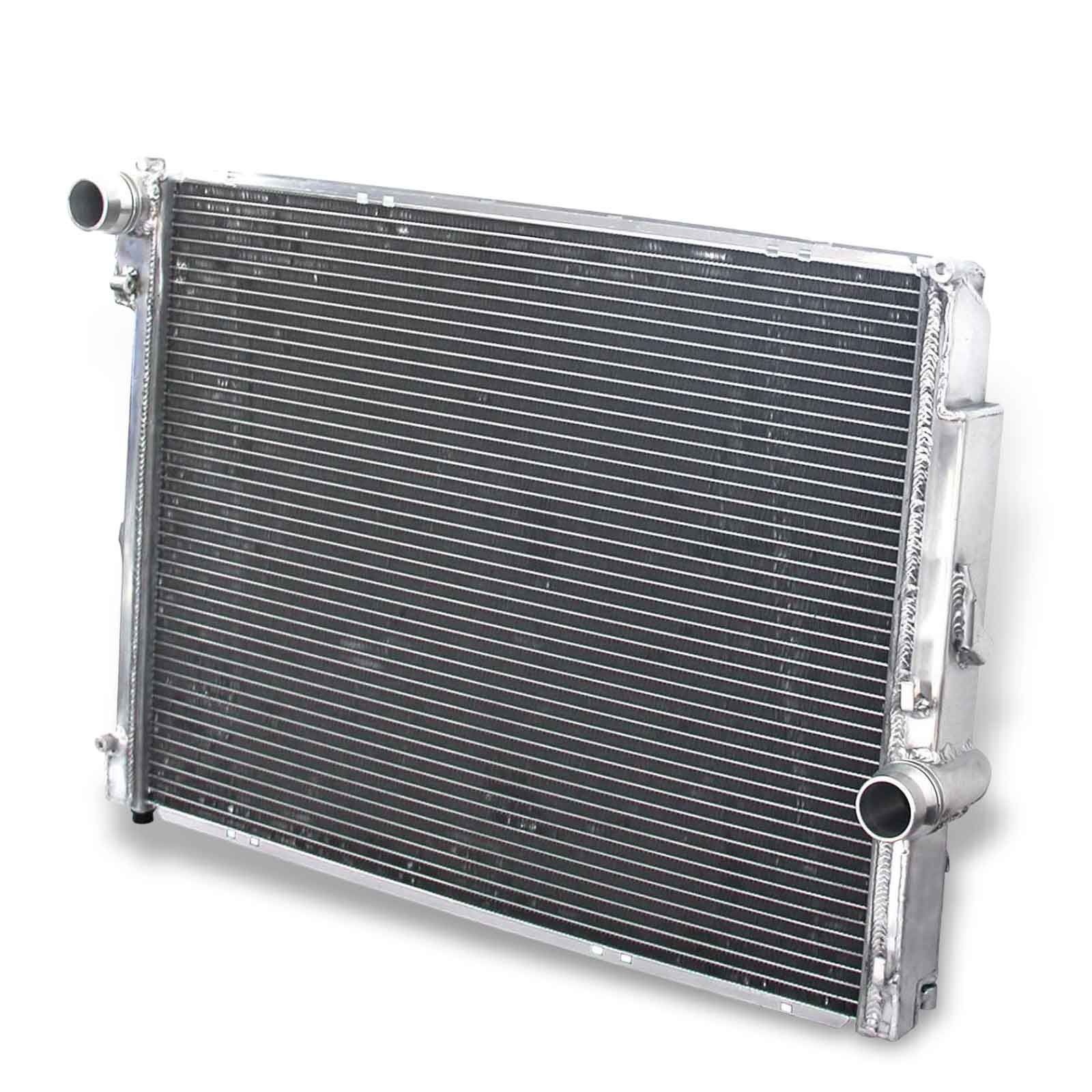 Right side view displaying the inlet and outlet ports on the 2-row aluminum radiator for a manual transmission BMW E46 323i, 328Ci, and Z4 M.