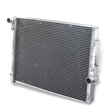 Right side view displaying the inlet and outlet ports on the 2-row aluminum radiator for a manual transmission BMW E46 323i, 328Ci, and Z4 M.
