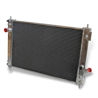 Right side view displaying the inlet and outlet ports on the 3-row aluminum radiator for a 2009-2015 Chevy Aveo, Aveo5, or Pontiac G3 1.6L L4.