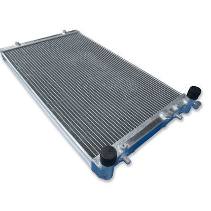 Right side of the lightweight dual pass MT radiator for the Audi TT MK1, showcasing its efficient core designed for maximum heat dissipation.
