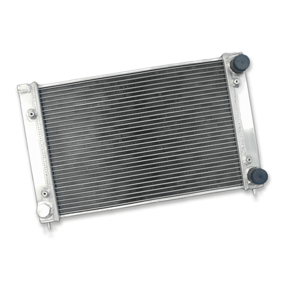 Right side of the lightweight MT radiator for the VW Scirocco and Jetta 16V, showcasing its efficient core design for superior cooling.