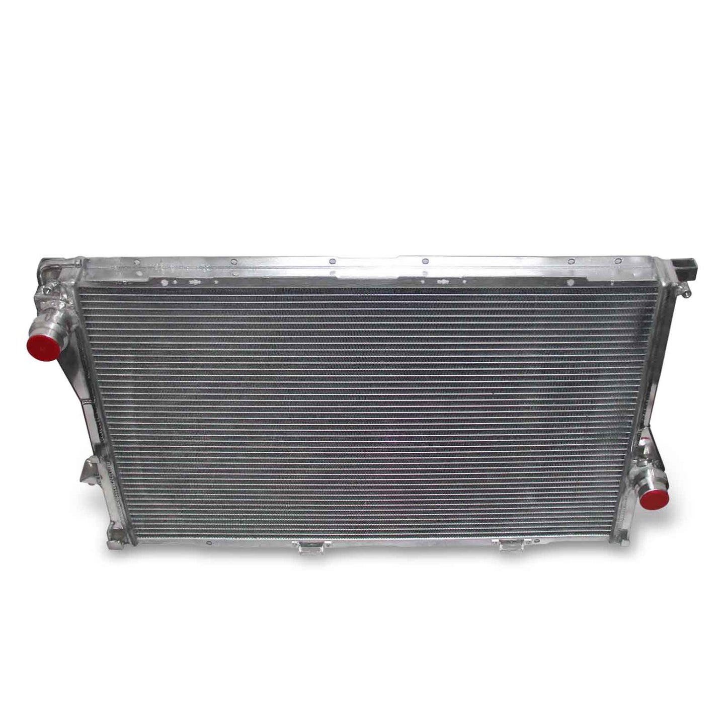 Top-down view of the 2-row aluminum radiator for the BMW E39/E38/Z8, highlighting the filler neck, bleeder screw, and robust all-aluminum construction.