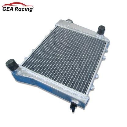 Top-down view of the 2-row radiator for the classic Mini Cooper, displaying the high-pressure cap and dual-core design.