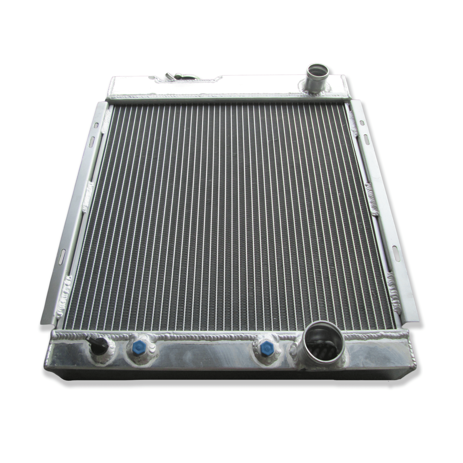 Top-down view of the 3-row radiator for the 1964-66 Ford Mustang V8, displaying the high-pressure cap and showcasing the impressive triple-core thickness.