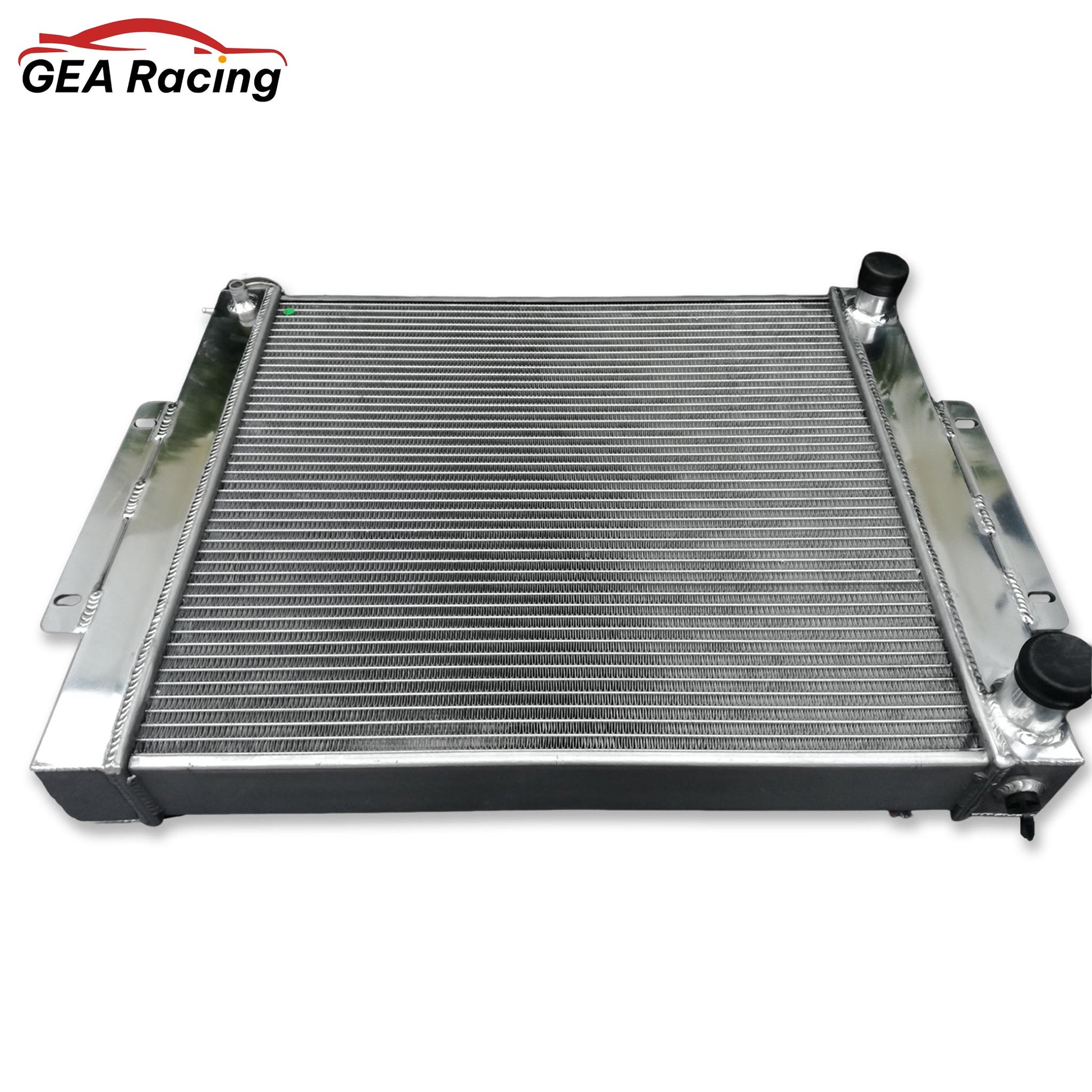 Top view of the 3 row aluminum radiator for the Jeep CJ7 LS swap, displaying the filler neck and robust core construction.