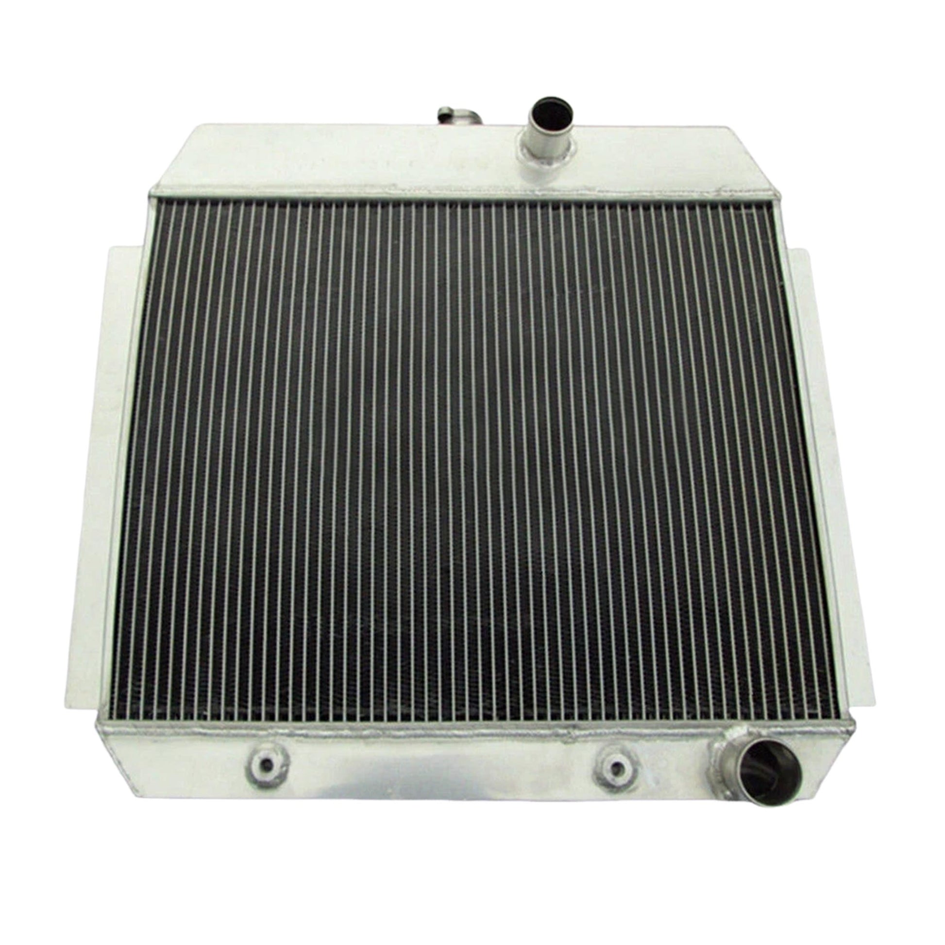 Top-down view of the 3-row radiator for a '51-'54 Chevy L6, displaying the high-pressure cap and triple-core design.