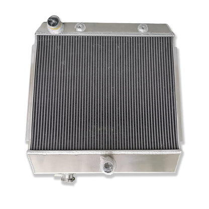 Top-down view of the 3-row radiator for a '57 Chevy V8, displaying the high-pressure cap and triple-core design.