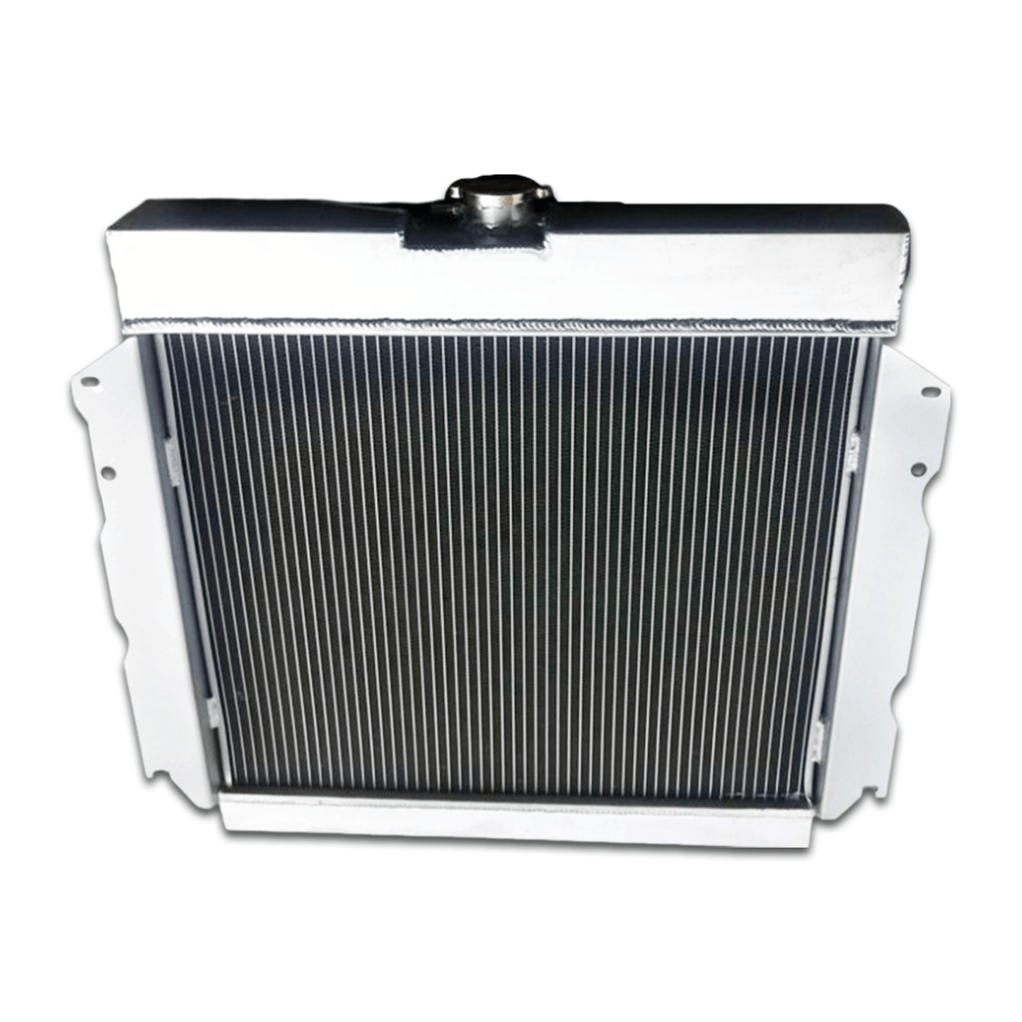 Top-down view of the 3-row radiator for Mopar V8 applications, displaying the high-pressure cap and triple-core design.