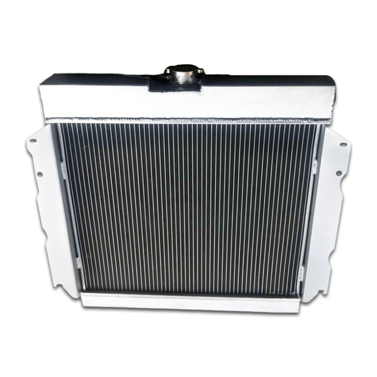 Top-down view of the 3-row radiator for Mopar V8 applications, displaying the high-pressure cap and triple-core design.