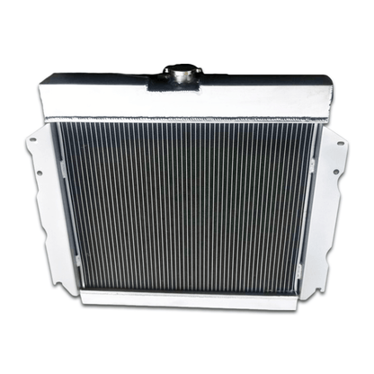 Top-down view of the 3-row radiator for Mopar V8 applications, displaying the high-pressure cap and triple-core design.