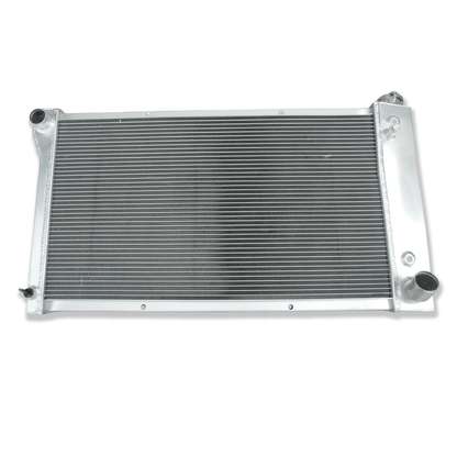 Top-down view of the 26" core radiator for a 1967-1972 Chevy truck, displaying the high-pressure cap and heavy-duty construction.