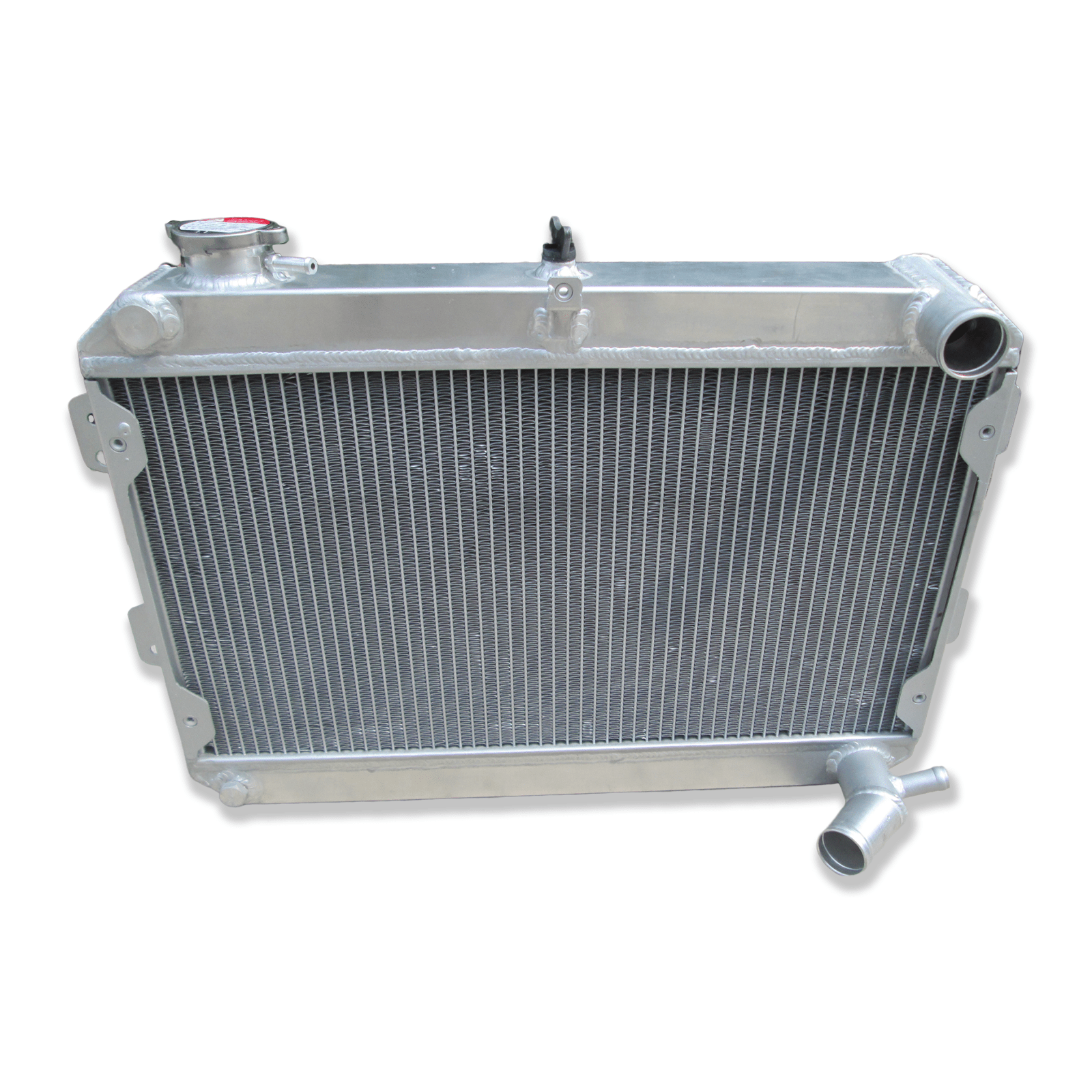 Top-down view of the radiator for the Mazda RX-7 S1, S2, and S3, displaying the filler neck, pressure cap, and durable top tank construction.