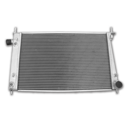 Top-down view of the radiator for the 1999-2009 SAAB 9-5, displaying the high-pressure cap and robust upper tank construction.