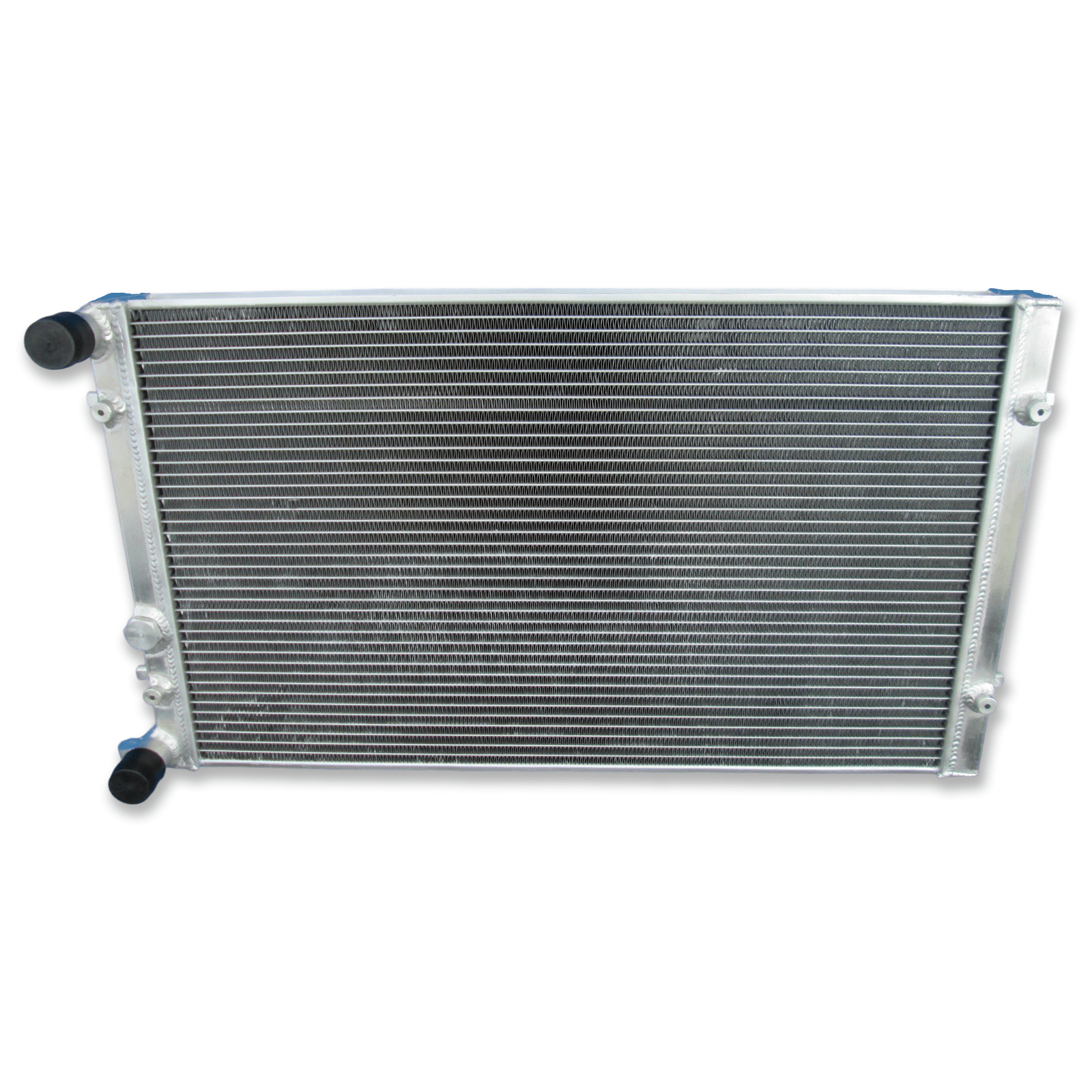 Top-down view of the dual pass radiator for the VW Jetta MK4, displaying the robust TIG-welded construction and dual-pass baffle.