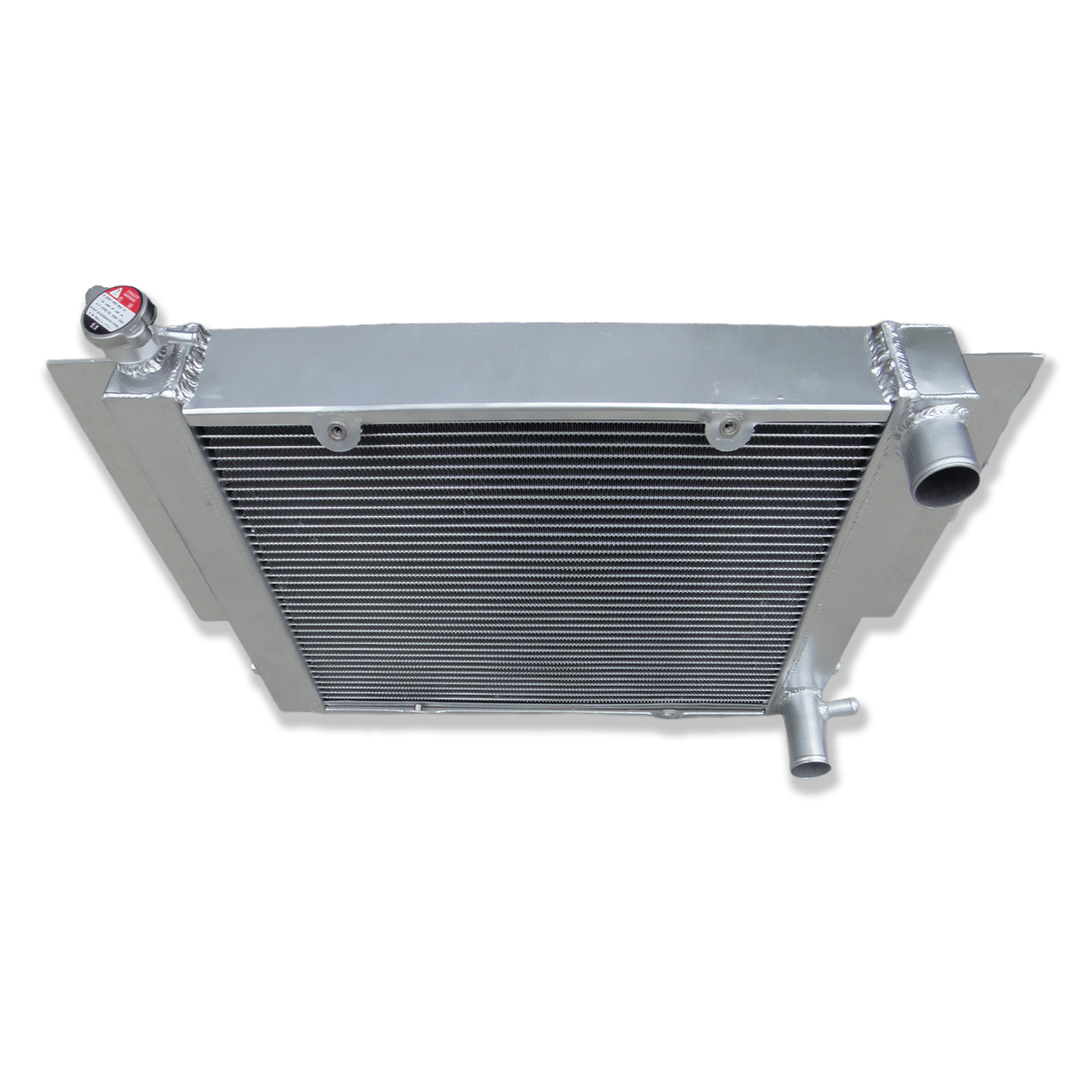 Top-down view of the aluminum radiator for Mazda RX-series S1/S2, displaying the high-pressure radiator cap, sturdy filler neck, and upper tank design.